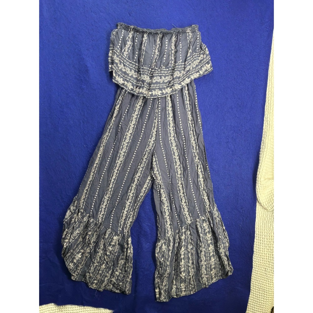 Boho Womens Japana Strapless Ruffle Wide Leg Jumpsuit XS Grey Floral Stripe